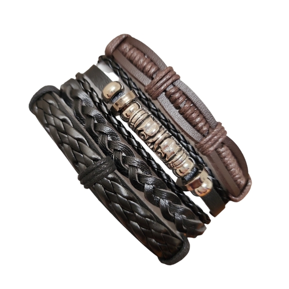 Unisex Leather Bracelet 4 Piece Set - Picture 1 of 9